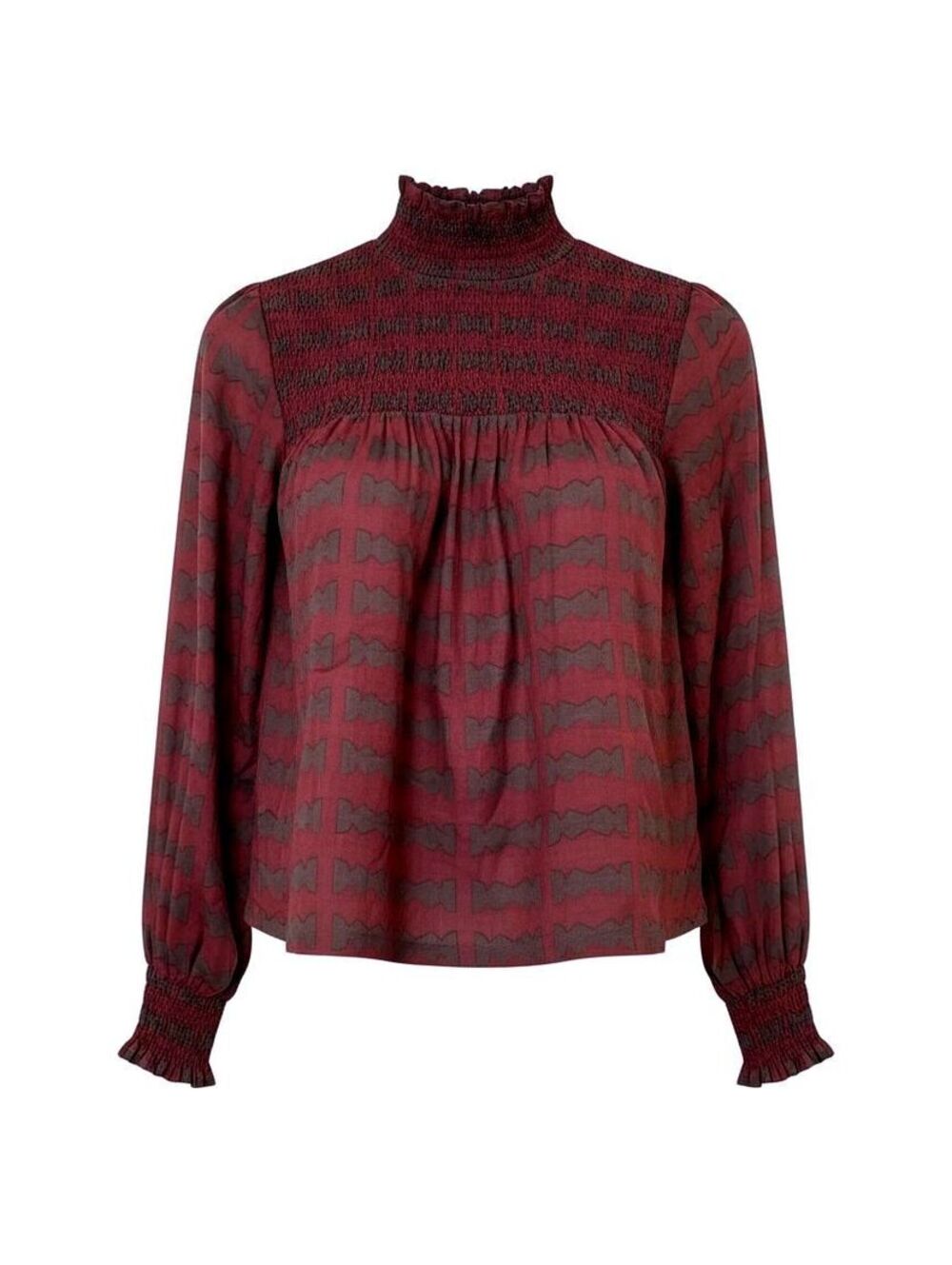 Bel Kazan Claudia Red Purple Smocked Mock Neck Blouse Top Small